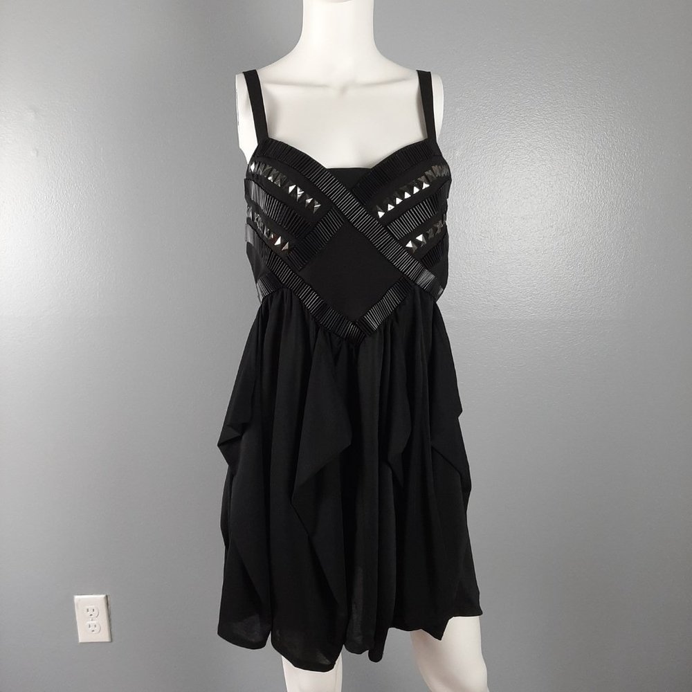 Ladakh Womens Fit and Flare Dress Size 6 Black Beaded Bodice Tiered Ruffled Zip